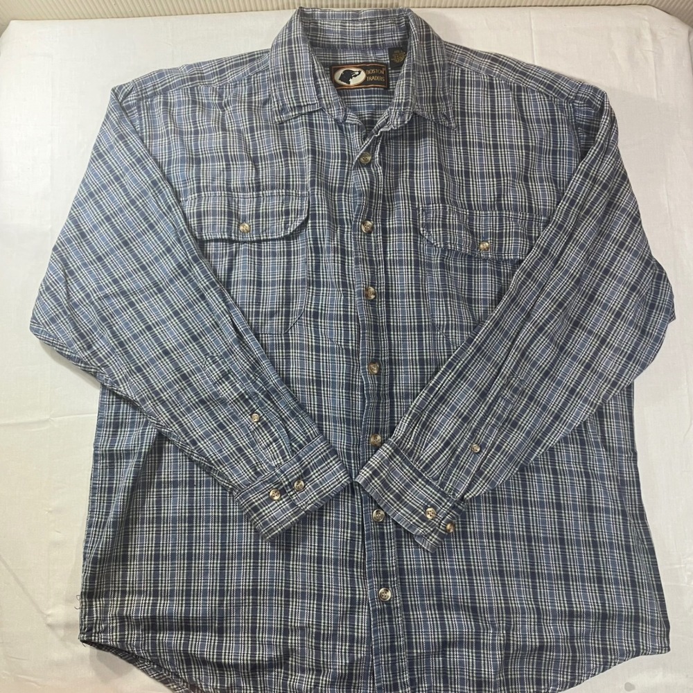 Boston Traders Mens Large Blue Plaid Cotton Flannel Button Down Work‎ Shirt L